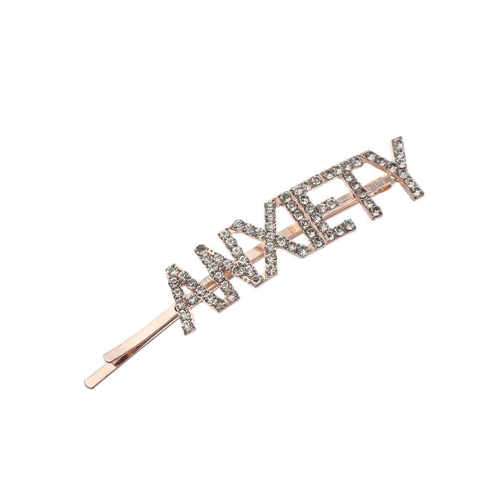 Rose gold ANXIETY 1 шт. Горячая Мода письмо шпилька уникальные яркие стразы кристаллы заколки для волос слова заколка женские аксессуары для украшений для волос - Цвет: Rose gold ANXIETY