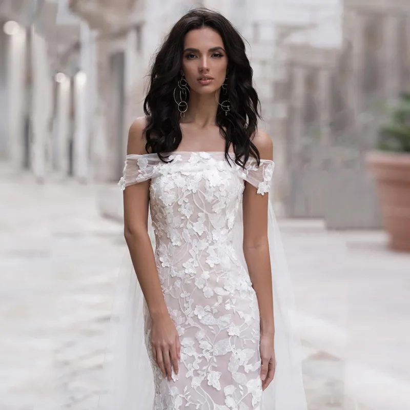 Романтическое свадебное платье-Русалка с запахом Кружевная аппликация