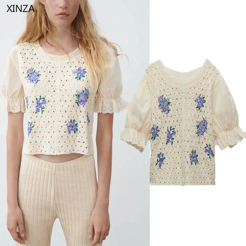 

Женская трикотажная блузка с вышивкой Za, разные расцветки, короткие рукава-фонарики, разные цвета, осень 2021