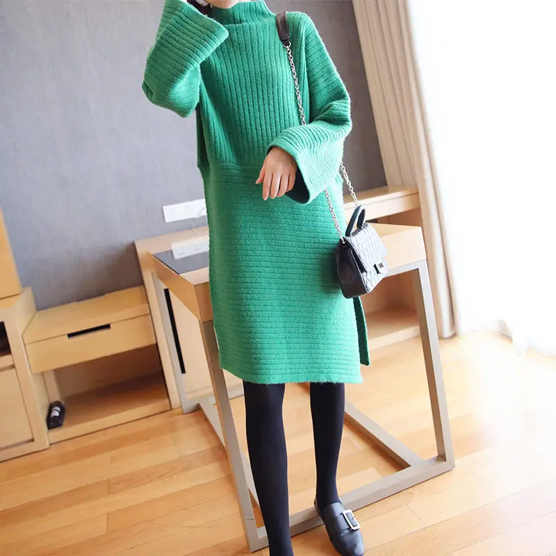 Длинный секционный пуловер женский осенний и зимний Сплит платье с высоким