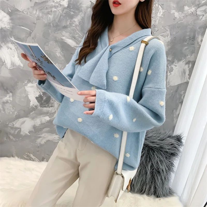 H.SA Women Winter Sweaters Long SLeeve Crew Neck Pink Pullover and Sweater Polka Dots Bow Sweaters Kawaii Knitwear Tops