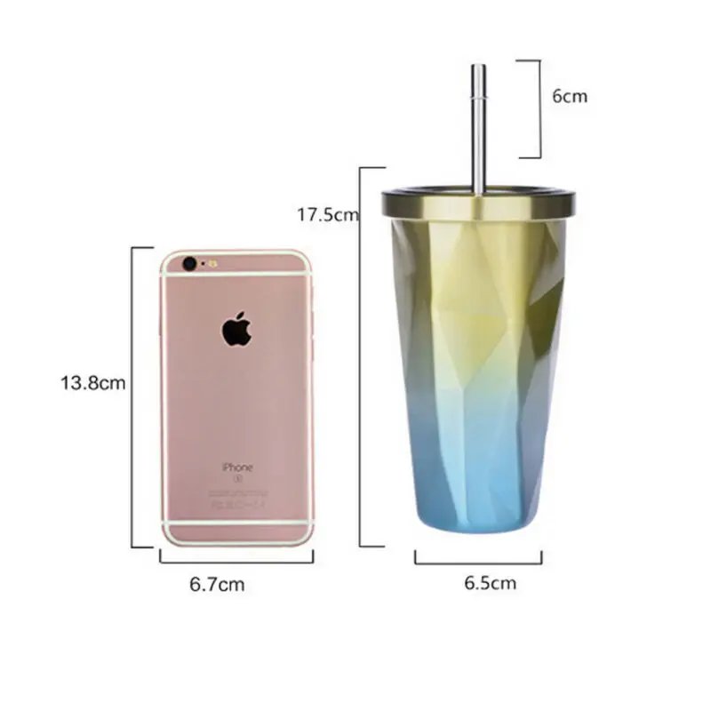 Креативные чашки из нержавеющей стали с алмазным градиентом и соломинкой 500 мл