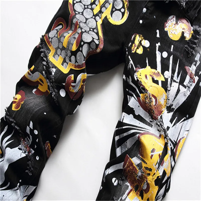 Men's Large Size Seasonal Fashion Casual All-Match Black Print Slim Hole Stretch Jeans With Small Feet