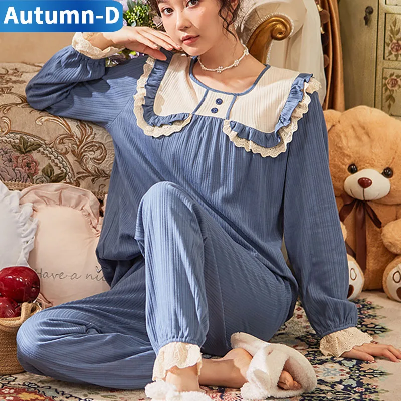 

Retro Women Pajama Set Cotton Sleepwear Lace Big Size Home Clothes Femal Pyjamas Suit Comfortable Pijama Mujer Nightgowns Nighte