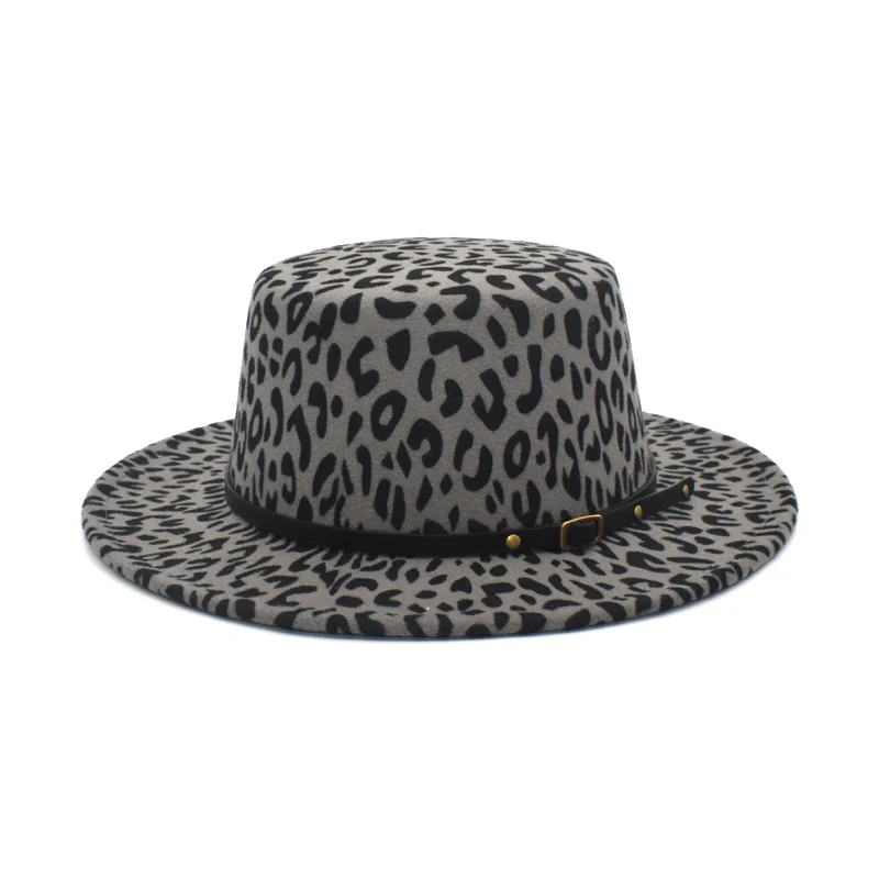 New Leopard Print Flat Top Bowler Hat Winter Autumn Wool Fedora Hat Women Wide Brim British Vintage Belt Jazz Hats P22
