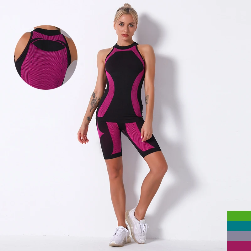 

Women's Tracksuit Seamless Knitted Stripe Sportswear Suit Outdoor Sports Suit For Fitness Yoga Vest Shorts Two-Piece Set