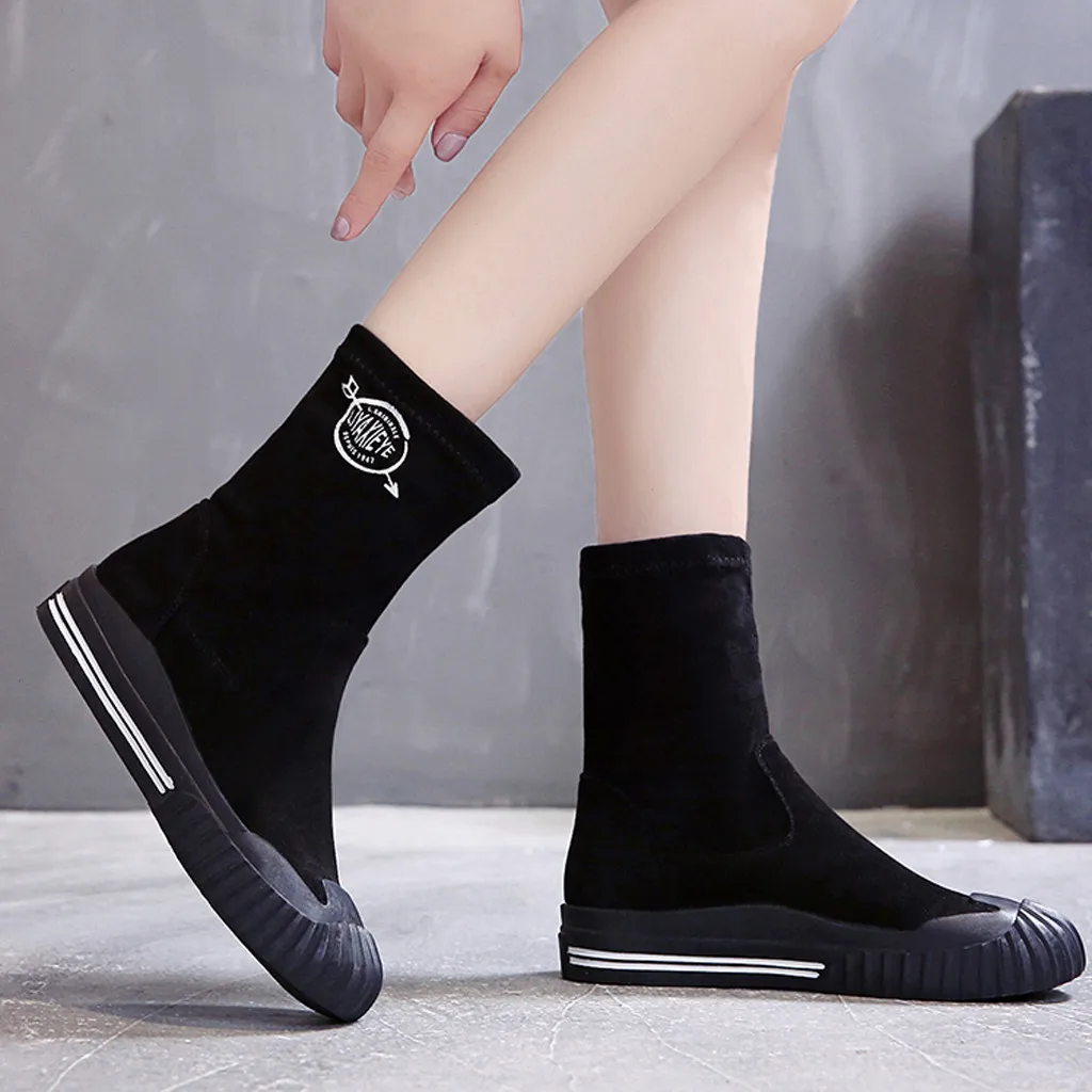 2019 Hot Sale Winter Mid Boots Women's Leisure Solid Round Toe Slip-On Flat Shoes Female Ladies Letter Prints Flock | Обувь
