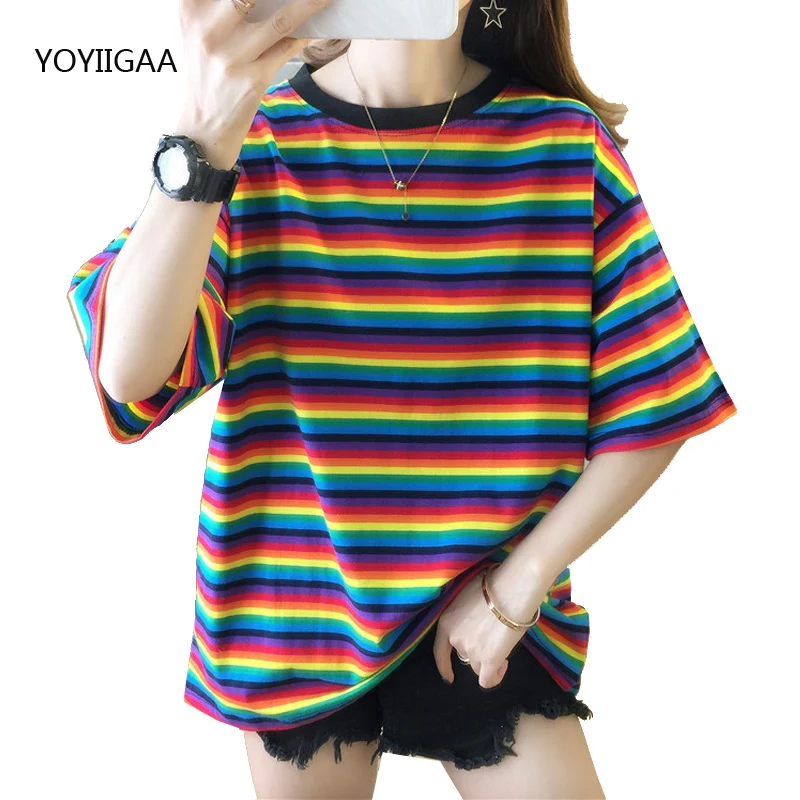 

Summer Women Tshirt Rainbow Striped Tops O-neck Short Sleeve Female T Shirt Casual Tops Harajuku Oversize Lady T-shirt Tee Top