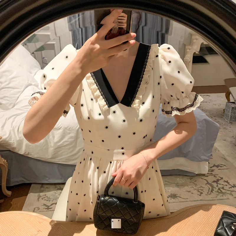 Женское платье в горошек с v-образным вырезом элегантное тонкое стиле ретро во