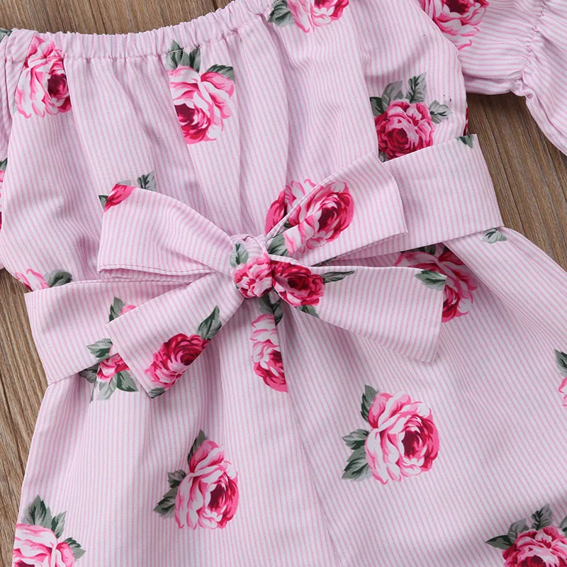 Children Toddler Kids Clothes Baby Girls Floral Printed Romper Off Shoulder Flare Sleeve Bow Striped Jumpsuit Playsuits Outfits | Детская