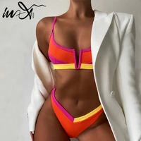 in x ribbed swimwear female color block bikinis 2021 mujer v neck swimsuit women high cut bikini sexy bathing suit 2 pieces set