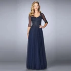 Роскошные темно-синие тюлевые платья для матери невесты с v-образным вырезом и бусинами, с рукавами три четверти, свадебные платья для гостей