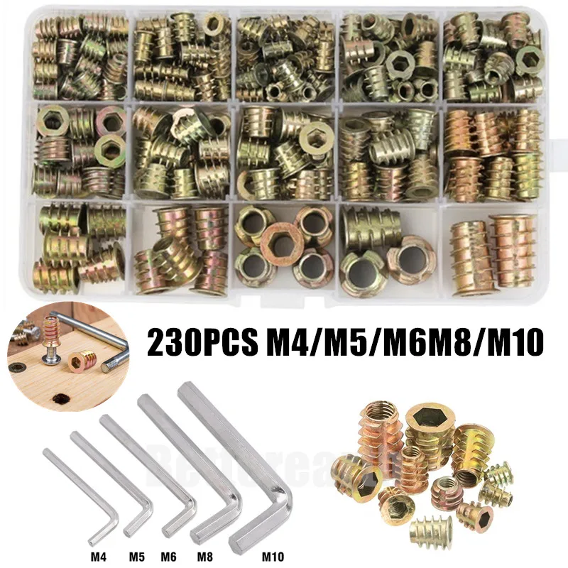 

230PCS Assorted Flanged Hex Drive Head Furniture Nuts M4 M6 M8 M10 Zinc alloyl Thread hexagonal wrench Set For Wood Insert Nut