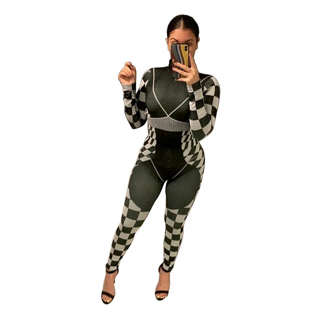 

FNOCE Cross-border Foreign Trade Women's fashion Casual Sexy Women's positioning Printing Floral Long-sleeved Trousers Jumpsuit