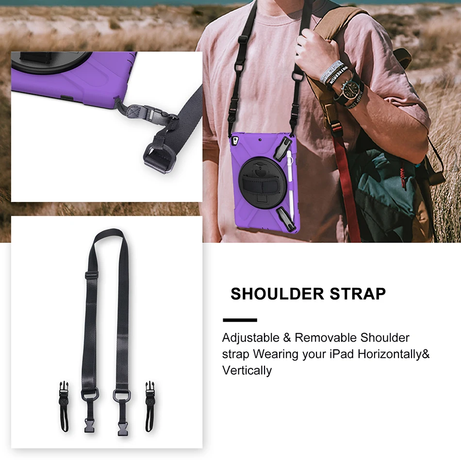 

Rotatable Kickstand Silicone Case for iPad 9.7 Kid Case 2017 2018 Pro 9.7 Air 2 Shockproof Cover with Pen Holder+Shoulder Strap