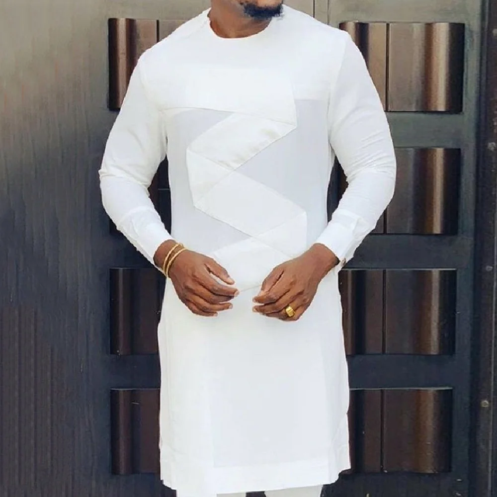 

Casual Men's Muslim Mid-length T-shirt Loose Long Sleeve Print Stitching White Tops Men's African Shirts Young Fashion Fall 2021