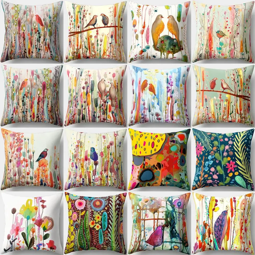 

18Inch Bird Flower Pillow Case Bed Sofa Living Room Decor Throw Cushion Cover Home Office Car Cafe Pillowcase