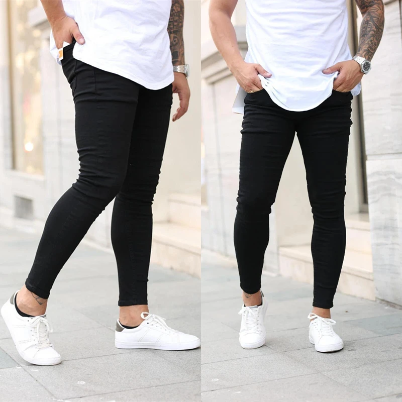

Модные облегающие джинсы, Мужские повседневные джинсовые брюки, эластичные джинсовые брюки, осенняя уличная одежда, джинсы-карандаш, черны...