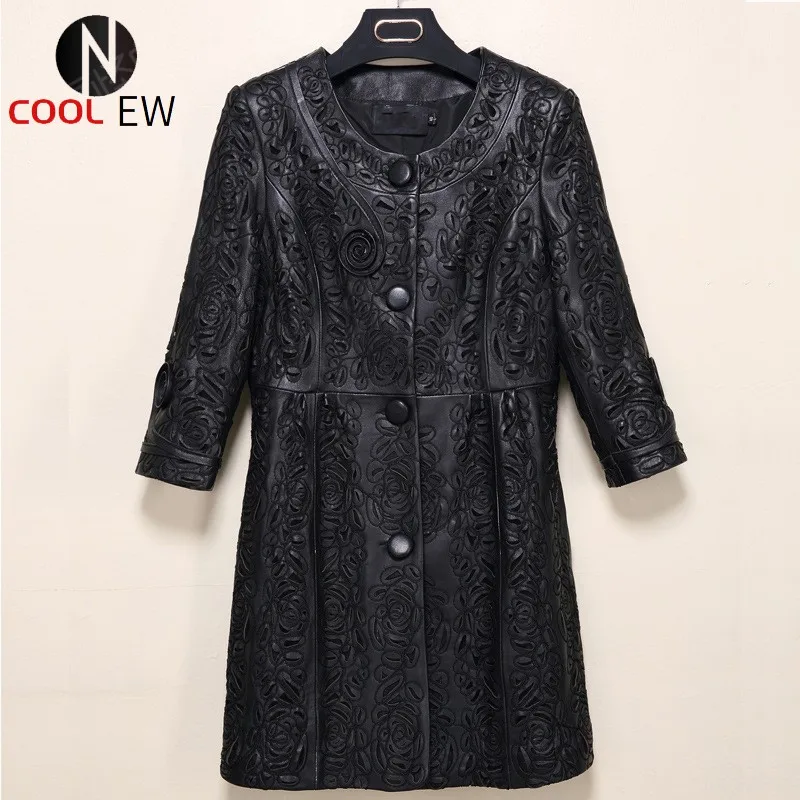 

Plus Size 6XL 100% Sheepskin Womens Jacket Spring Autumn Red Long Coat Sheepskin Female Hollow Embroidery Leather Jackets Ladies