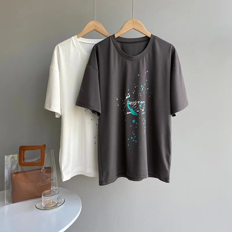 

Chic Splashed Paint Letter Print Loose T Shirt for Women O-neck Short Sleeve Casual Tops 2021 Summer Korean Simple Bottoming Tee