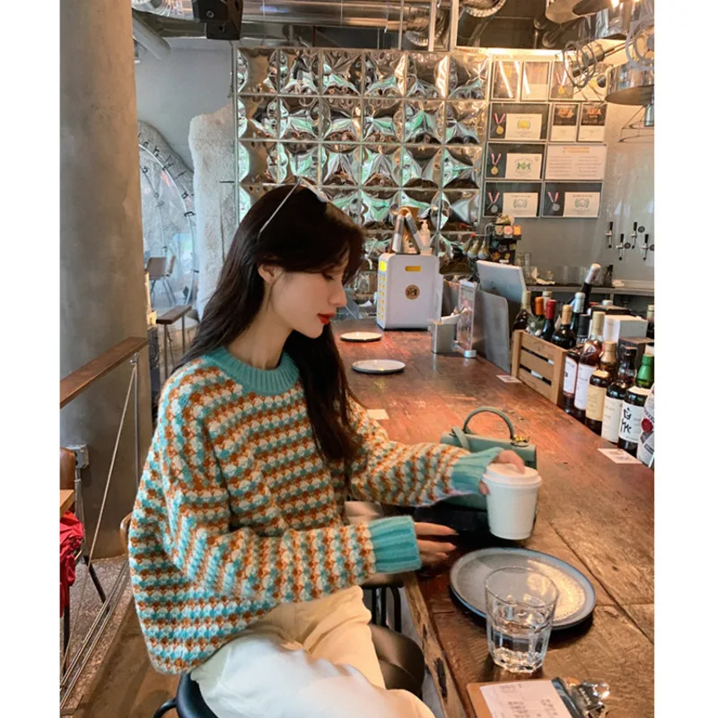 

Lazy Style Sweater Women's New Loose Stitching Round Neck Long-sleeved Pullover 2021 Autumn And Winter Rm*