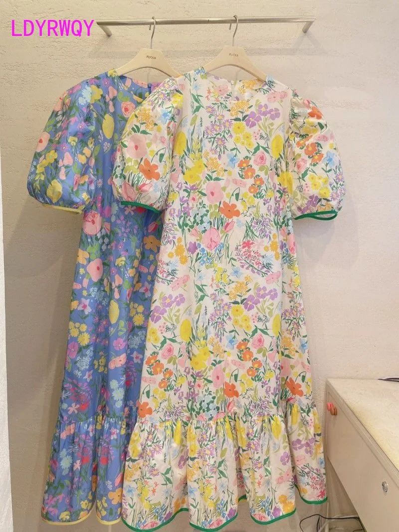 

LDYRWQY 2021 printing fashion Korean new style puff sleeve round neck loose fashion dress with belly covering