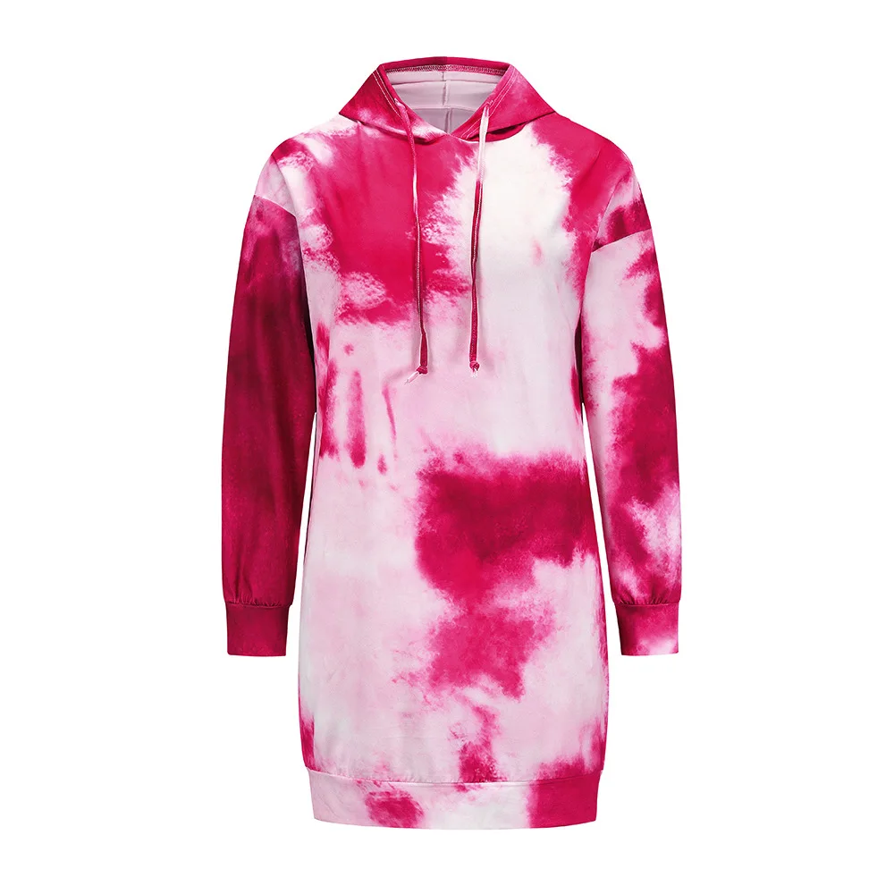 

Diiwii New Tie-dye Printed Long-sleeved Sweater Dress 2021 Mid-length Hooded Pullover Casual Loose Dress