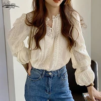 2022 spring new fashion o neck apricot blouse korean style chic womens lace shirt elegant puff sleeve sweet shirt blusas 18547