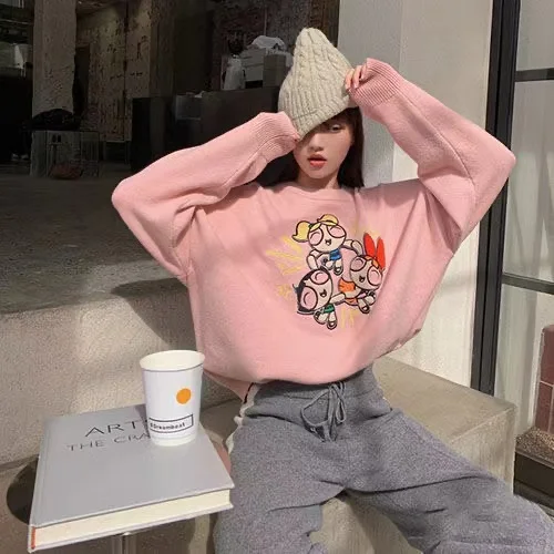 

2021 Spring Harajuku Sweater Lamb Powerpuff Women Girls Embroidery Streetwear Korean Sweaters Pullovers Winter Kawaii