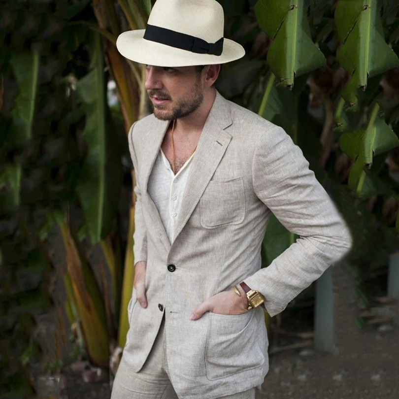 

2020 Summer Linen Mens Wedding Suits Slim Fit Casual Groom Tuxedos Costume Homme Bridegroom Best Man Blazer 2 Pcs (Jacket+Pants)