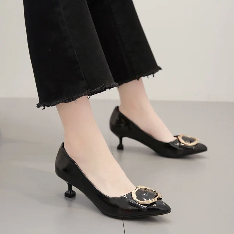 Japanned leather metal round buckle shoes woman brief work office ladies pumps slip on pointed toe shallow thin high heels 2020 | Обувь