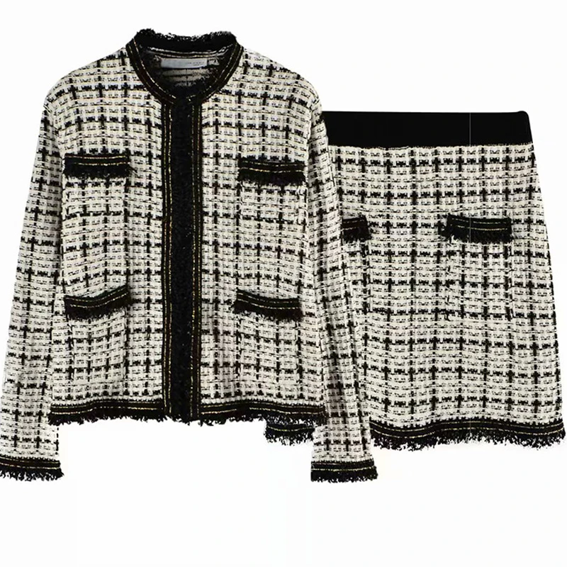 Женский комплект из двух предметов винтажный клетчатый твидовый шерстяной