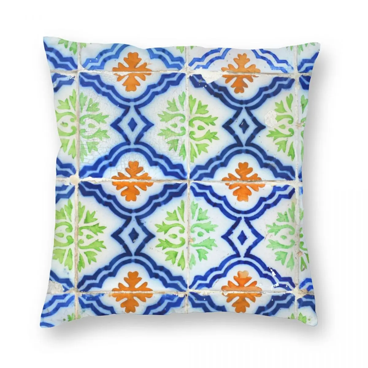 

Синяя, зеленая, оранжевая, белая антикварная лиссабоновая плитка, квадратная подушка, чехол из полиэстера, льна, бархатная Декоративная Подушка на молнии, чехол, домашняя подушка
