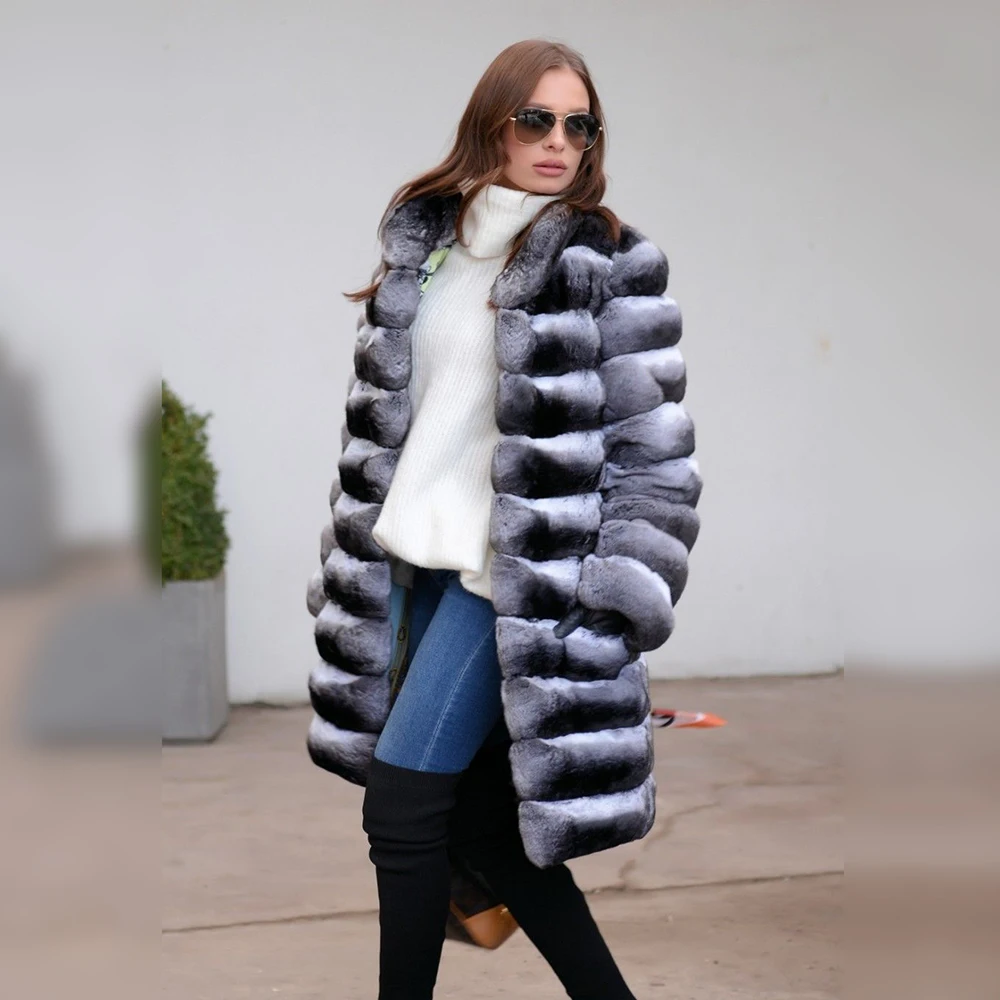 90cm Long Real Fur Coats Winter Fashion Women 2022 New Chinchilla Color Natural Rex Rabbit Fur Coat Stand Collar Fur Overcoats