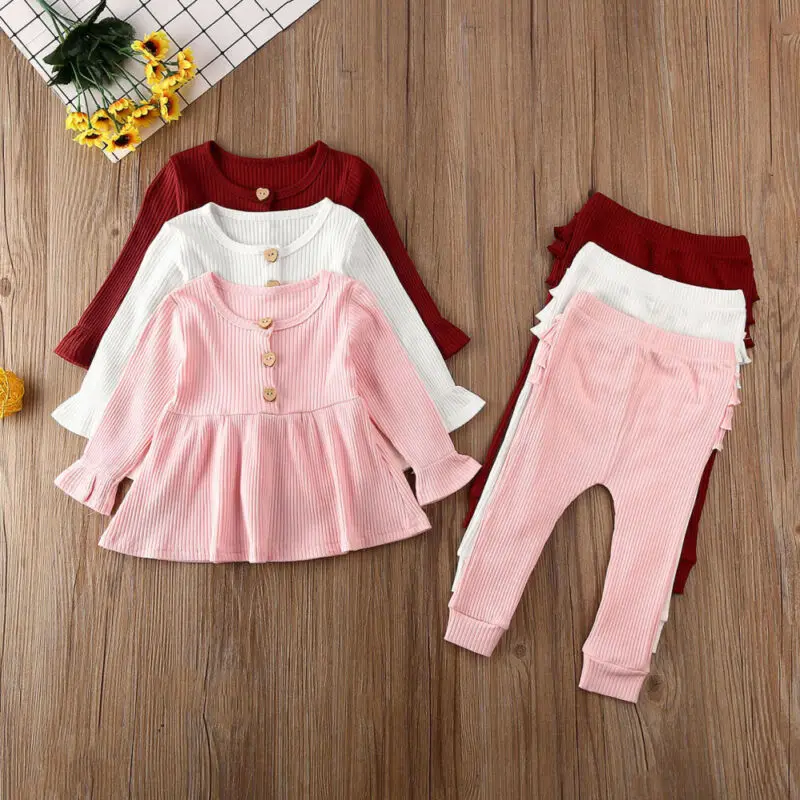 Infant Kids Baby Girl Boys Clothes Sets Solid Long Sleeve Knitted Tops Dress+Ruffle Leggings Pants Outfits | Детская одежда и