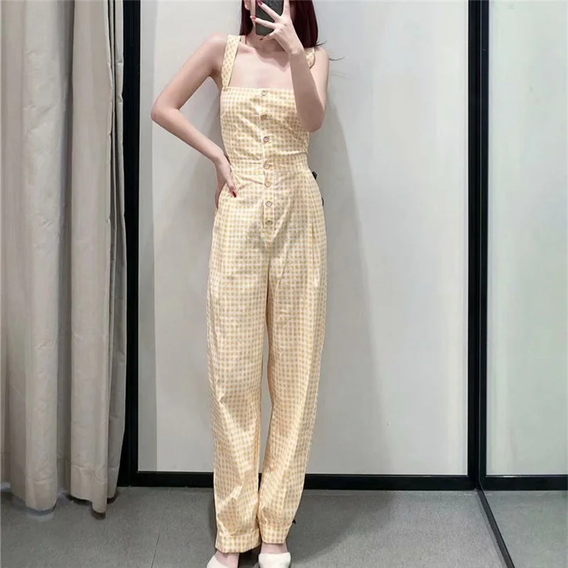 

2021 Jumpsuit Women Sleeveless Wide Straps Gingham Summer Jumpsuits Woman Chic Button Up Vintage Yellow Plaid Playsuits