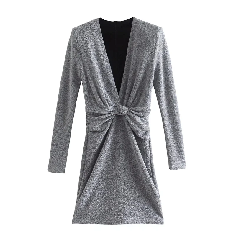 

Woman Elegant Gray Long Sleeve Pleated Dress 2021 Autumn Fashion Female V Neck Mini Dresses Ladies Casual Solid Color Dresses