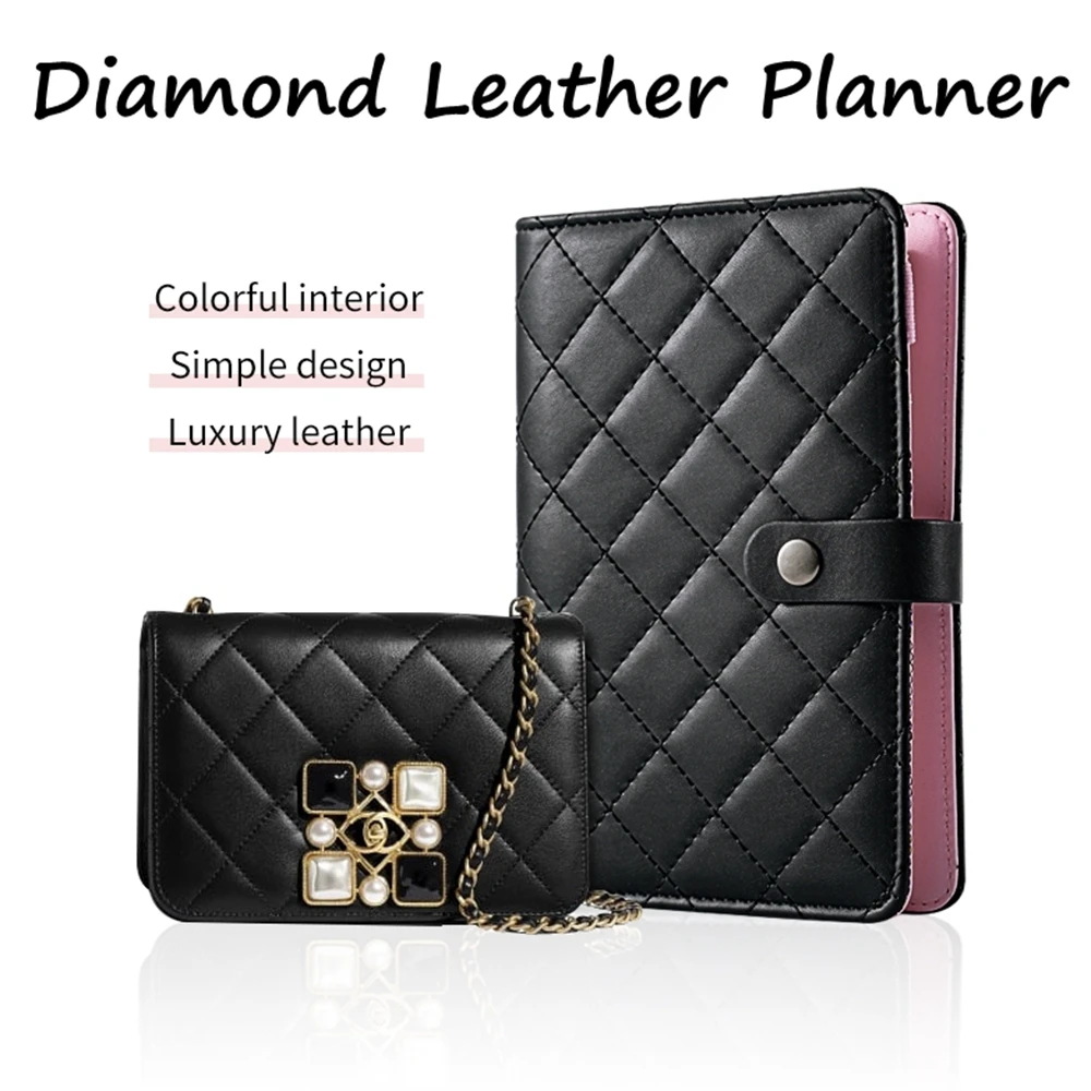 Luxury Quit Style PU Leather A6 A5 6 Ring Binder Journal Notebook Office Supplies Fashion Loose-Leaf Black Quilted Planner