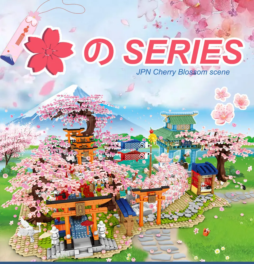 

New Stacking Blocks Creator City Cherry Blossom Mini Street View Japanese Sakura House Tree Model Building Blocks Children Toys