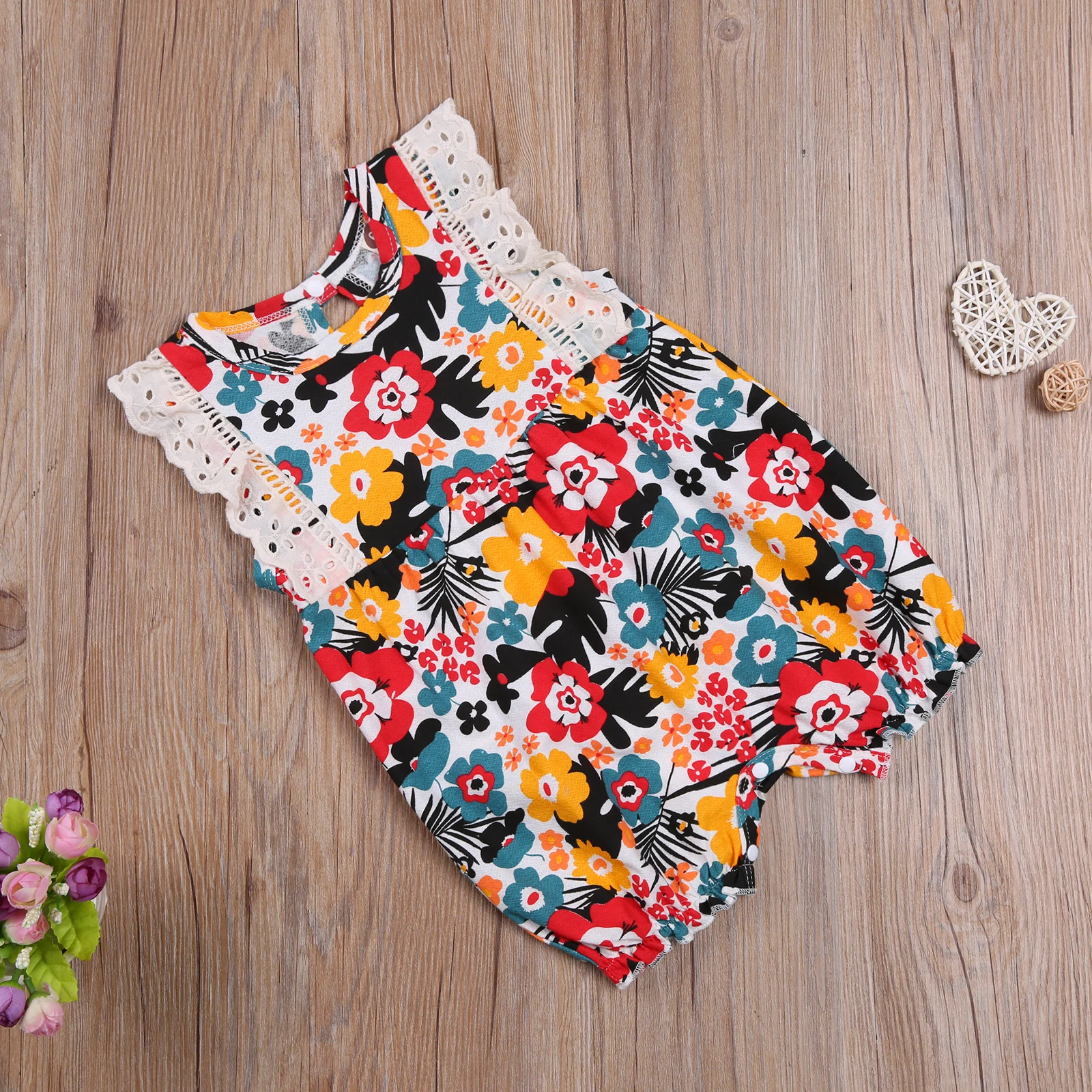

2021 Baby Summer Clothing Girl Flower Printed Romper Sleeveless Ruffled Lace Decorations Short Pants Snap Button Crotch Jumpsuit