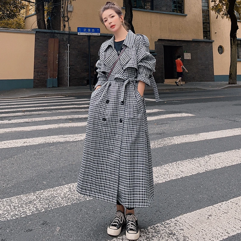 

Women's Windbreaker Spring Autumn Loose Big Size Long Trench Coat Female Pure Cotton Cloak Wear A Belt Retro Plaid Ladies Jacket