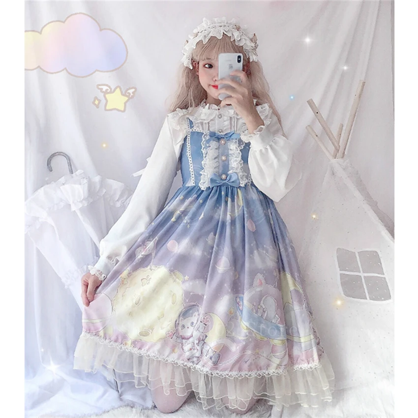 

Платье в японском стиле Лолита для девочек, кружевная милая блузка с оборками и космическим принтом кота для чайной вечеринки, 4 цвета