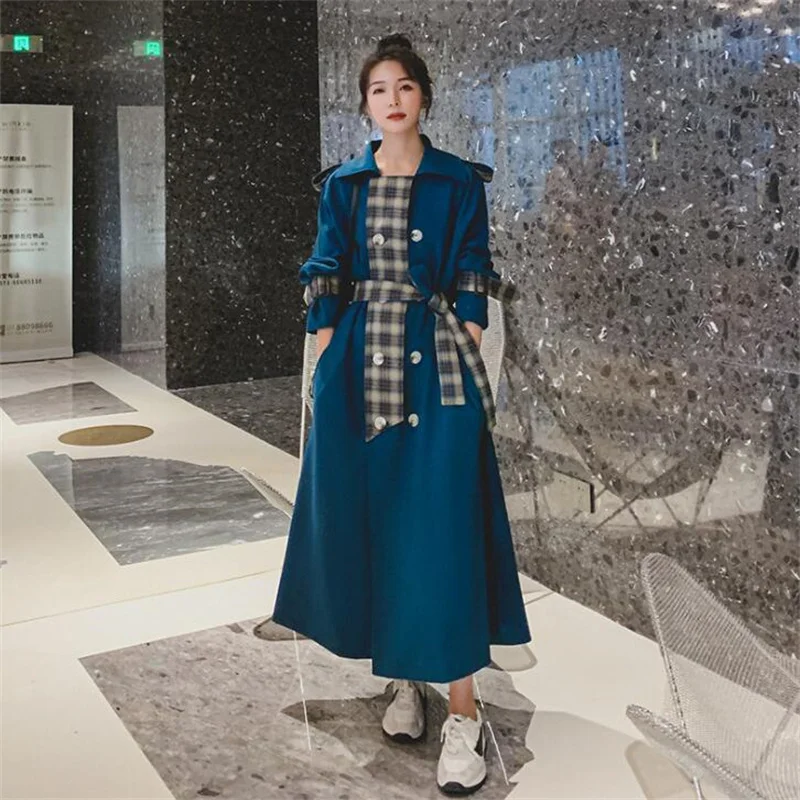 2021 new plaid windbreaker women's trench coats stitching contrast color mid-length loose large ladies spring and autumn