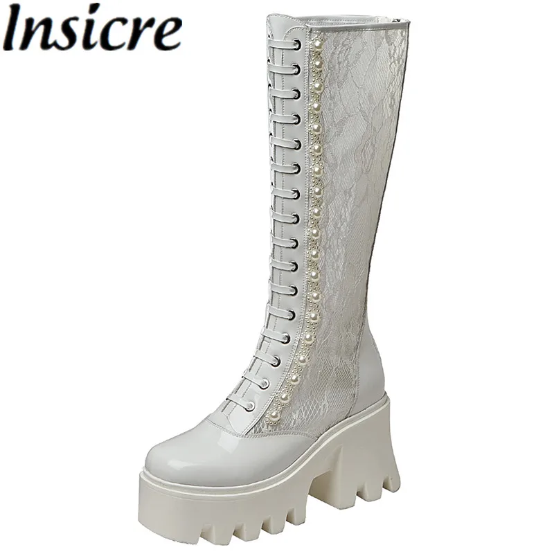 

Женские сетчатые сапоги Insicre, до колена, с жемчугом, на молнии, с вырезами, ручной работы, на квадратном каблуке, для лета, обувь на шнурках и платформе