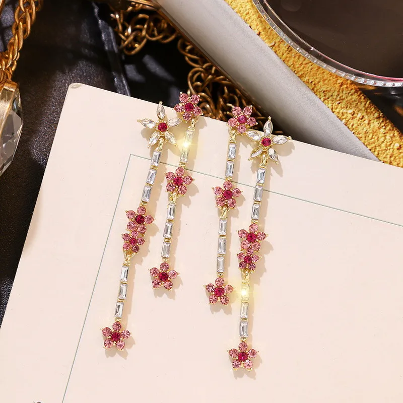 Роскошные Длинные серьги с цирконием и цветком для женщин ручной работы
