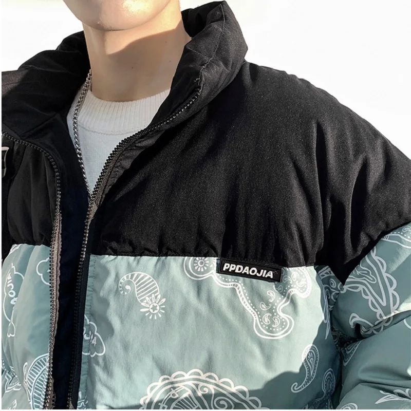 Large Size Male Cashew Flower Bear Print Loose Cotton Jacket 2021 Color Matching Stand-up Collar Warm Jacket Winter Coat