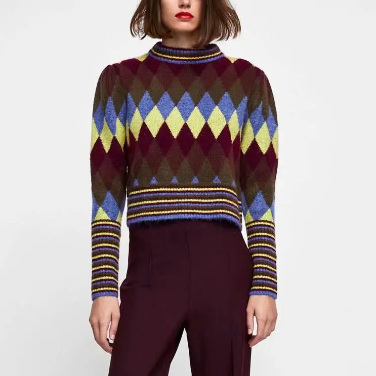 Autumn Winter Women's Slim Sweater O-Neck Female Pullover Vintage Retro Long Sleeve Print | Женская одежда