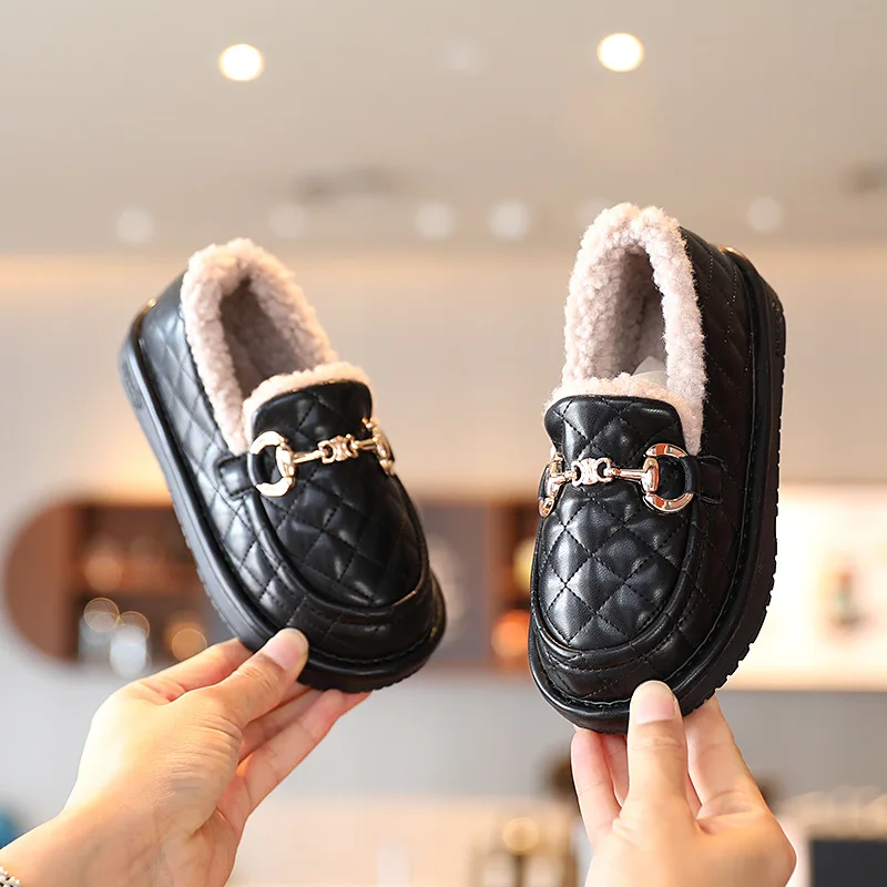 Zapatos de piel de invierno para ni&ntilde;os, mocasines de terciopelo para ni&ntilde;as peque&ntilde;as, c&aacute;lidos, planos, de marca, mocasines de princesa con hebilla-2