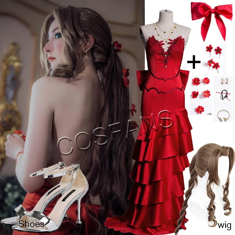 

Final Fantasy VII Aerith Gainsborough Cosplay Costume Game FF7 Aerith Red Ball Gown Dress Women Fancy Cosplay Halloween wig shoe