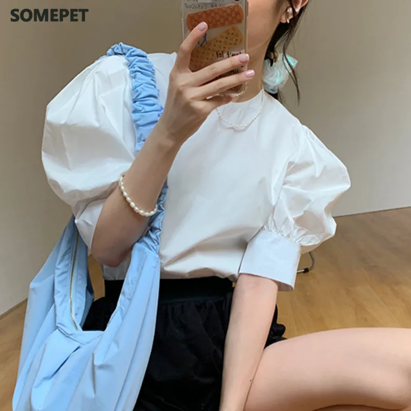 

Summer New Korean Chic Sweet Women Shirt Cotton Fashion Casual Blouses Tops Female Puff Sleeve Women Clothing Pullover Tops